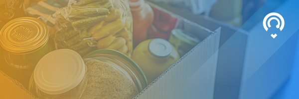 Food Assistance images with canned good with a translucent blue and yellow gradient 211 LA color scheme on top, with the 211 LA logo on the top right