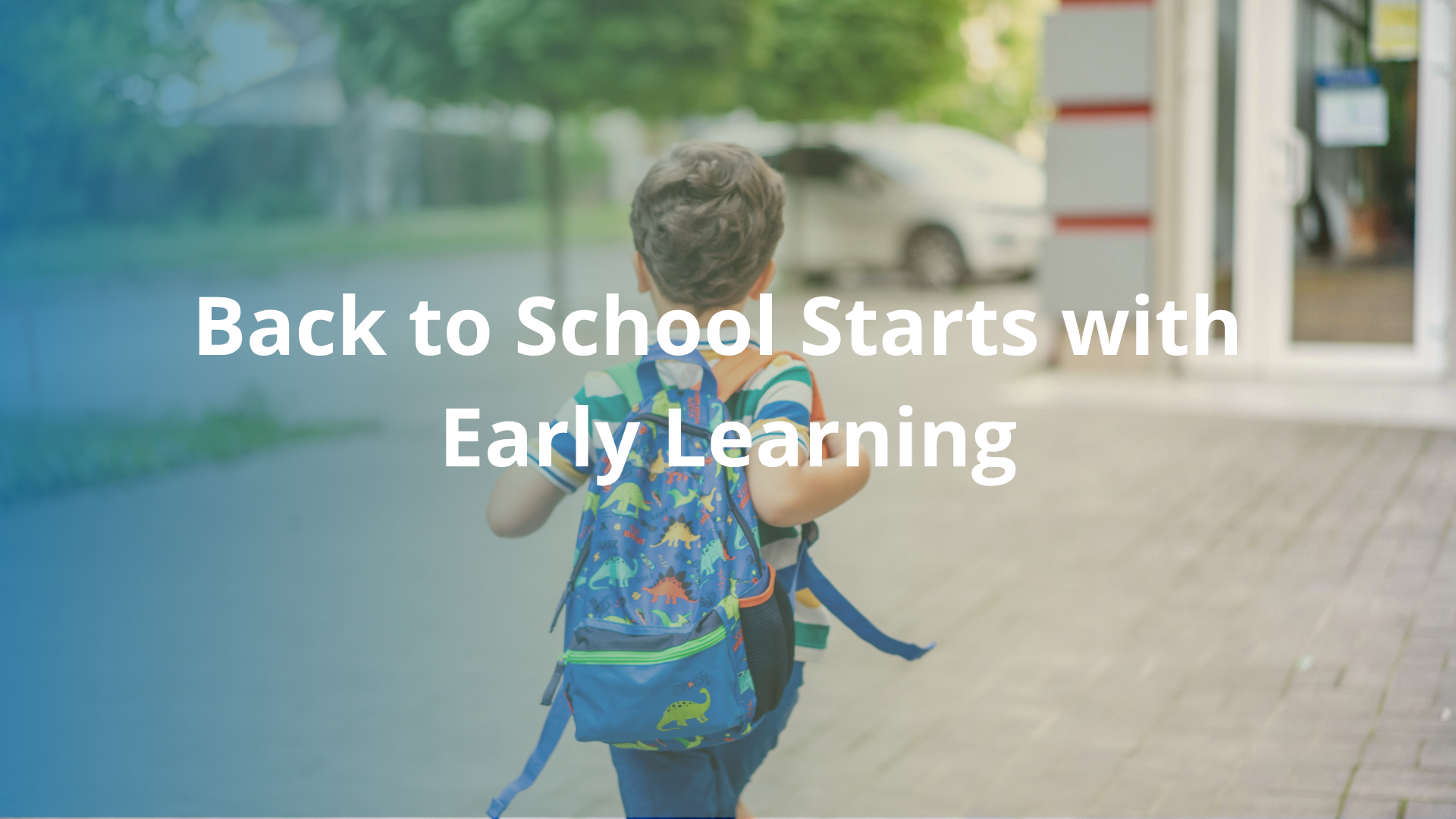 Child with backpack walking on the side walk heading to the door 
