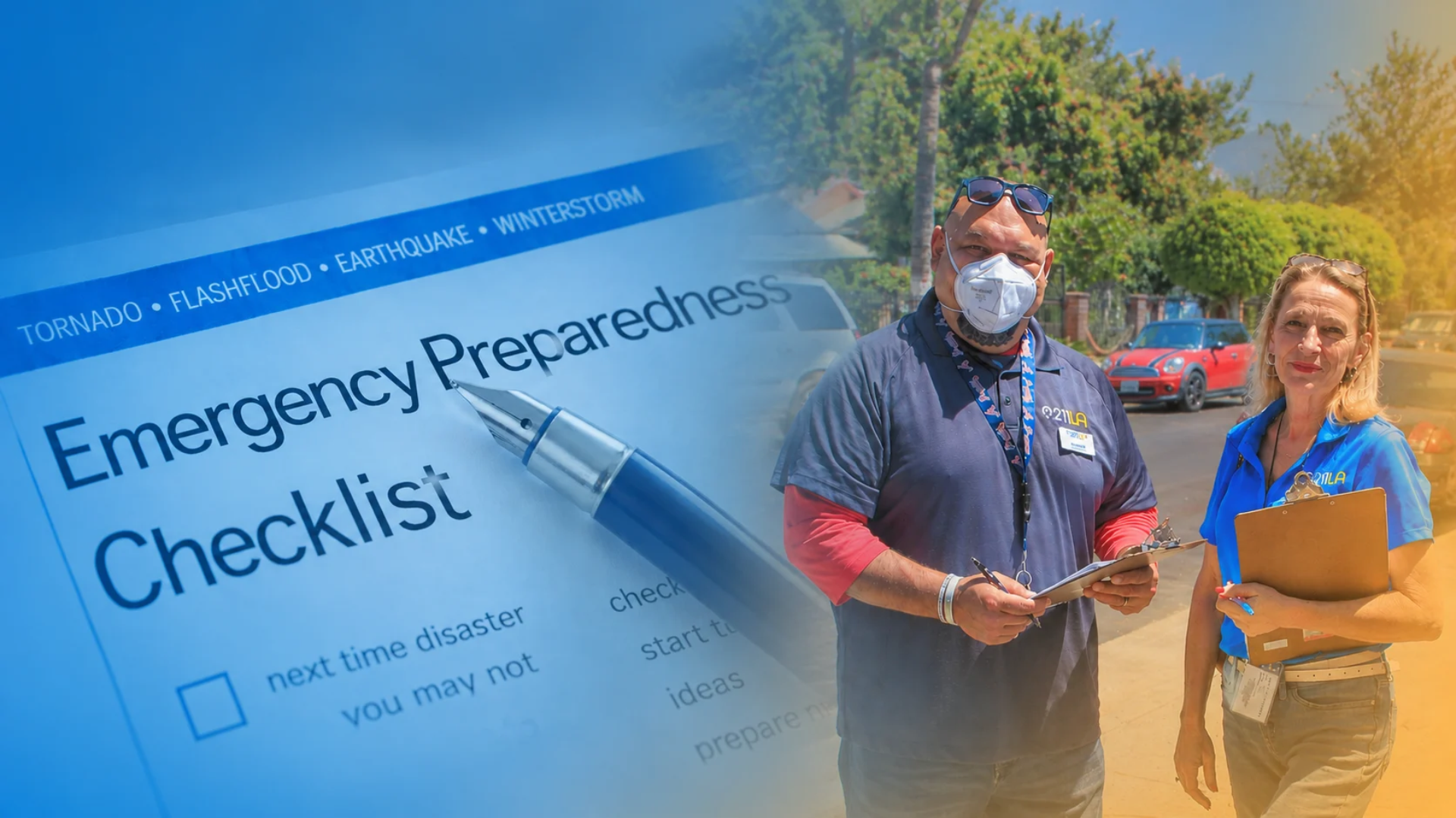 gradient image that goes from blue to yellow and within the image is a emergency preparedness checklist and on the right is two 211 LA staff members wearing 211 LA gear