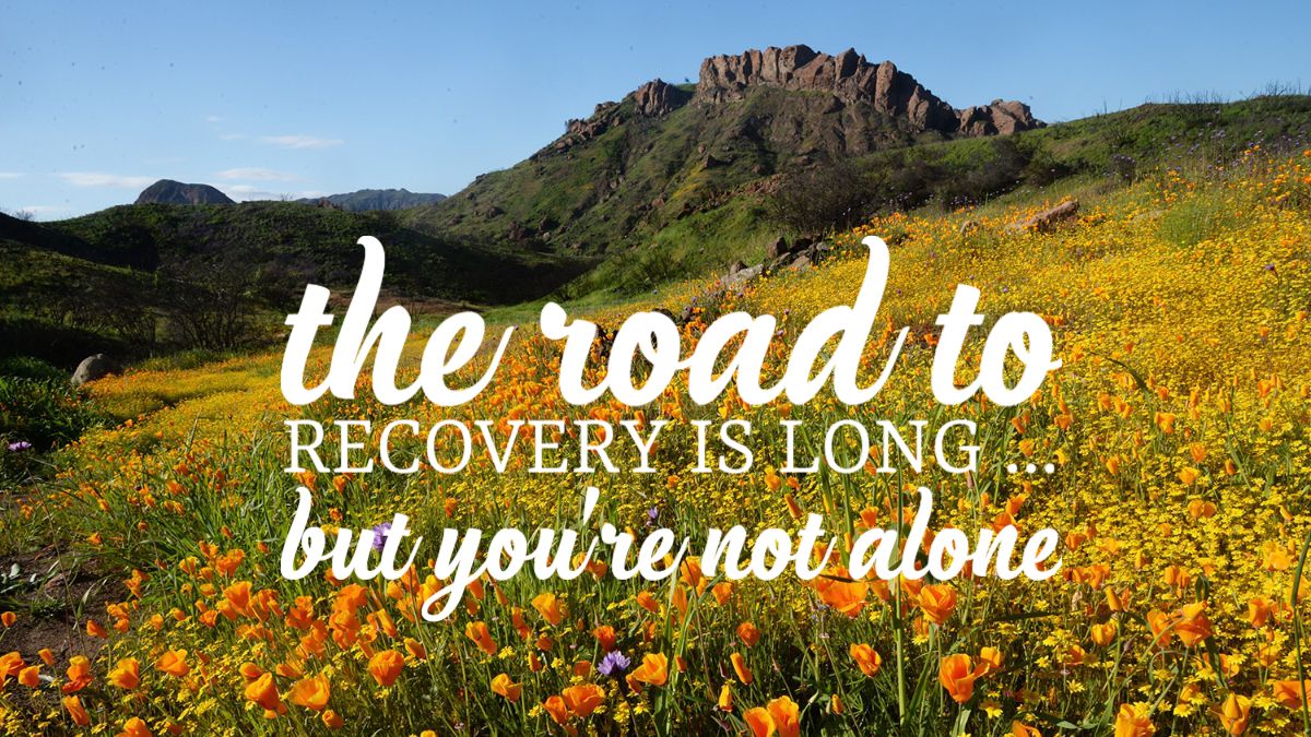 the road to recovery is long...but you're not alone text on nature background
