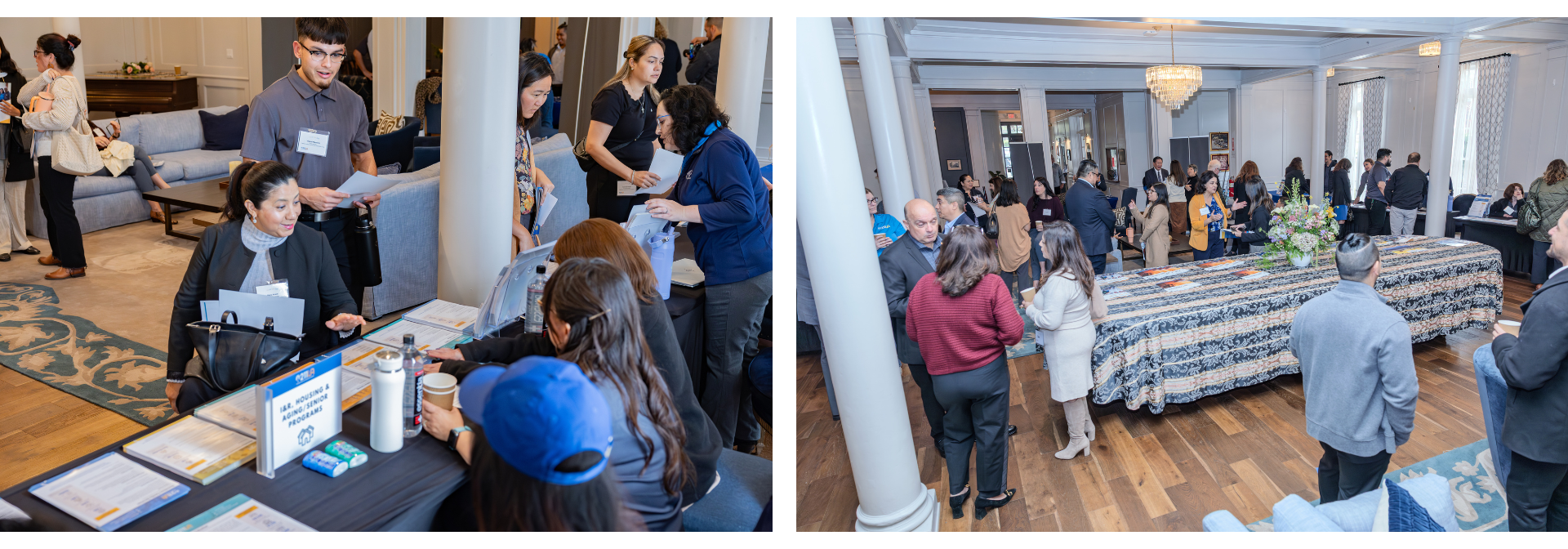 Two seperate images, image on the left has woman in wheel chair smiling as she is being told about on of our programs