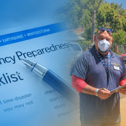 gradient image that goes from blue to yellow and within the image is a emergency preparedness checklist and on the right is two 211 LA staff members wearing 211 LA gear
