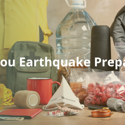 Are you earthquake prepared? (image includes canned food, water bottles, clothing, blanket and other disaster prepared items)