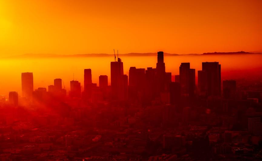 Bright orange and red image of LA skyline in heat wave