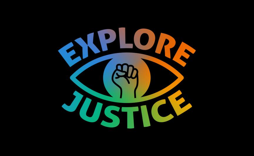 Explore Justice Logo Layered on Black Block