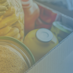 Food Assistance images with canned good with a translucent blue and yellow gradient 211 LA color scheme on top, with the 211 LA logo on the top right