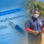 gradient image that goes from blue to yellow and within the image is a emergency preparedness checklist and on the right is two 211 LA staff members wearing 211 LA gear