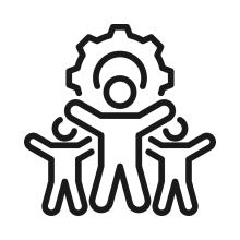 3 people with a gear turning above them icon