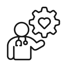 medical person holding a gear with a heart inside of it icon