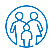 family of three icon, parents and child, with a circle surrounding them
