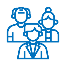 In the foreground, a person is shown wearing a blazer or suit jacket. Behind them stand two other figures: one with short hair and another with their hair pulled into a bun. The icon uses simple, thick outlines on a white background to represent a professional team, a family, or a community group.