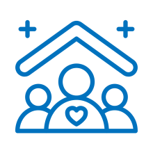 A blue line-art icon showing three figures gathered together under a protective roof shape. The central figure has a heart symbol on their chest, and two small plus signs float in the upper corners.