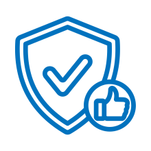 A blue line-art icon features a shield with a checkmark in the center. A smaller circular icon with a thumbs-up symbol is positioned in the bottom right corner.