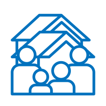 A blue line-art icon depicting a family of four—two adults and two children—standing together in front of a house. The house features a prominent gabled roof that sits behind the figures.