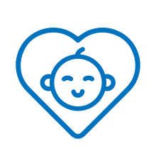 A blue line-art icon features the smiling face of a baby centered inside of a large heart.