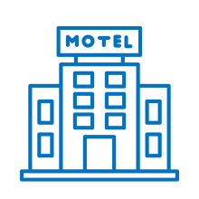 A blue line-art icon of a three-story building representing a motel.  The structure has a central tower with a large sign on top that reads "MOTEL" in all caps. The building features several windows and a central entrance door.