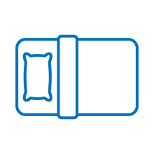 A blue line-art icon showing a top-down view of a single bed.
