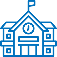 A blue line-art icon of a school building or academic institution.