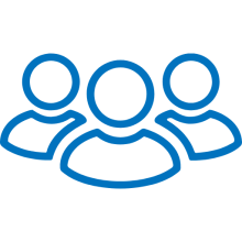 A blue line-art icon showing the upper silhouettes of three people arranged in a cluster.