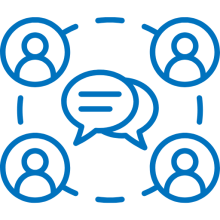 A blue line-art icon showing two speech bubbles at the center of a circular network. Surrounding the speech bubbles are four people silhouettes inside circles, all connected by dashed lines.