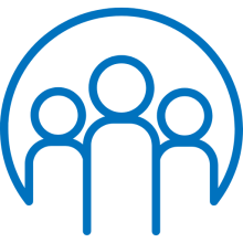 A blue line-art icon showing the upper silhouettes of three people enclosed within a circular border.