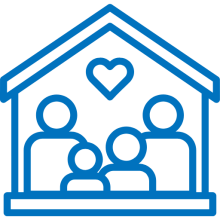 A blue line-art icon showing a family of four (two adults and two children) inside the silhouette of a house. A small heart is floating centered above them under the roof.
