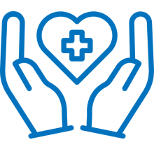 A blue line-art icon showing two cupped hands (palms up) cradling a heart that has a medical cross centered inside it.