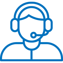A blue line-art icon showing a head-and-shoulders silhouette of a person wearing a headset with a visible microphone.