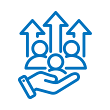 A blue line-art icon showing a large hand held open, cupping and lifting up a group of three people. Above the people are three upward-pointing arrows.
