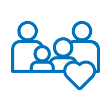 A blue line-art icon depicting a family unit consisting of two adults and two children. A large heart is positioned in the bottom-right corner, partially overlapping the figures.