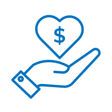 A blue line-art icon showing a hand held open, cupping and supporting a heart with a dollar sign ($) inside of it.