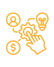 hand pointing  at a gear with the gear pointing at a person icon, lightbulb icon, and  money symbol icon