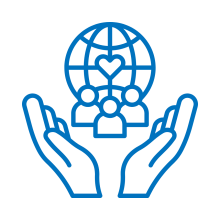 A blue line-art icon showing a pair of hands held open, cupping a group of three people. Behind the people is a globe with a small heart in the center.
