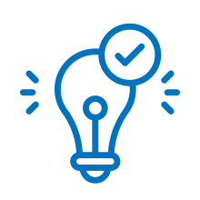 A blue line-art icon of a light bulb with short lines radiating from the top to indicate it is glowing or "turned on."