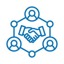 A blue line-art icon showing a handshake centered within a hexagonal network. The vertices of the hexagon feature small circular icons of people, all connected by solid lines.