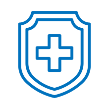 A blue line-art icon featuring a shield with a medical cross centered inside of it.